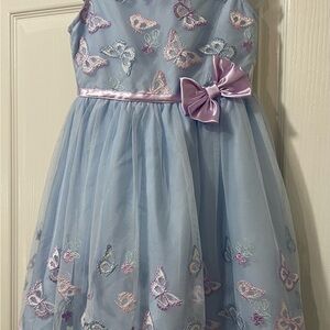 Girls' Light Blue Butterfly Party Dress with Lilac Bow